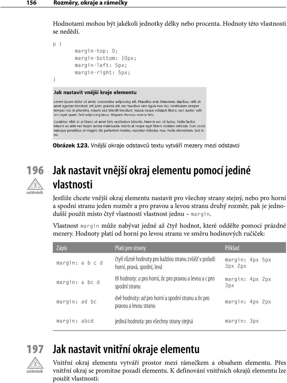 Vnější okraje odstavců textu vytváří mezery mezi odstavci 196 Jak nastavit vnější okraj elementu pomocí jediné vlastnosti Jestliže chcete vnější okraj elementu nastavit pro všechny strany stejný,