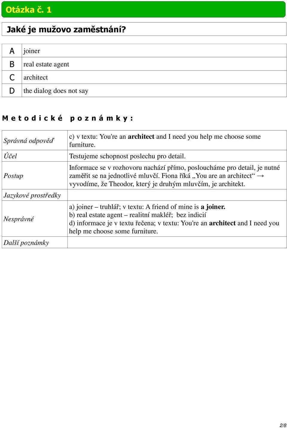 Testujeme schopnost poslechu pro detail. Informace se v rozhovoru nachází přímo, posloucháme pro detail, je nutné zaměřit se na jednotlivé mluvčí.