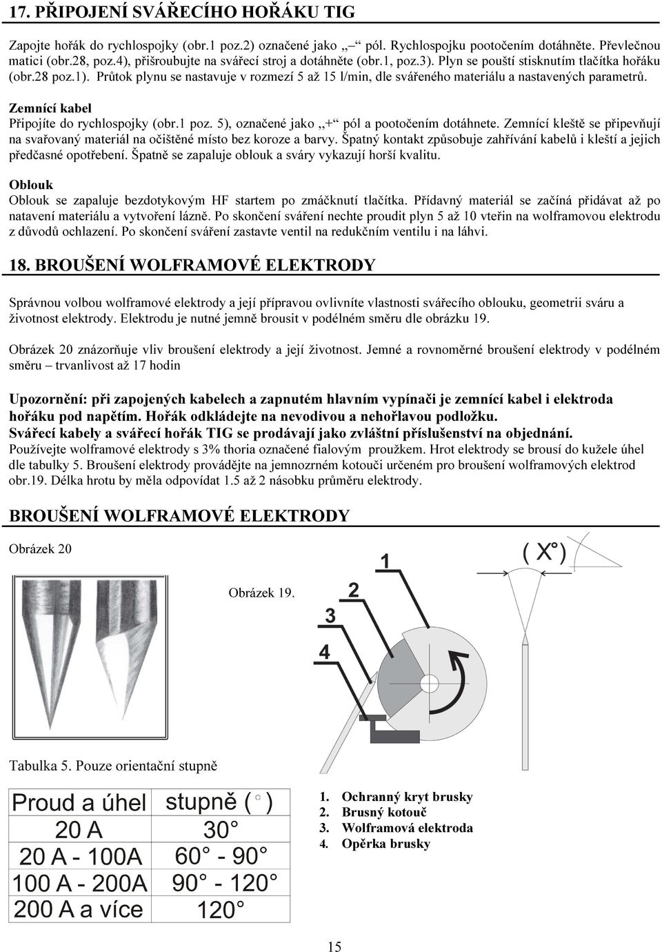 Průtok plynu se nastavuje v rozmezí 5 až 15 l/min, dle svářeného materiálu a nastavených parametrů. Zemnící kabel Připojíte do rychlospojky (obr.1 poz. 5), označené jako,,+ pól a pootočením dotáhnete.