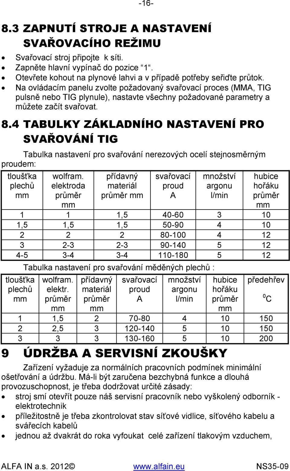 4 TABULKY ZÁKLADNÍHO NASTAVENÍ PRO SVAŘOVÁNÍ TIG Tabulka nastavení pro svařování nerezových ocelí stejnosměrným proudem: tloušťka plechů mm wolfram.