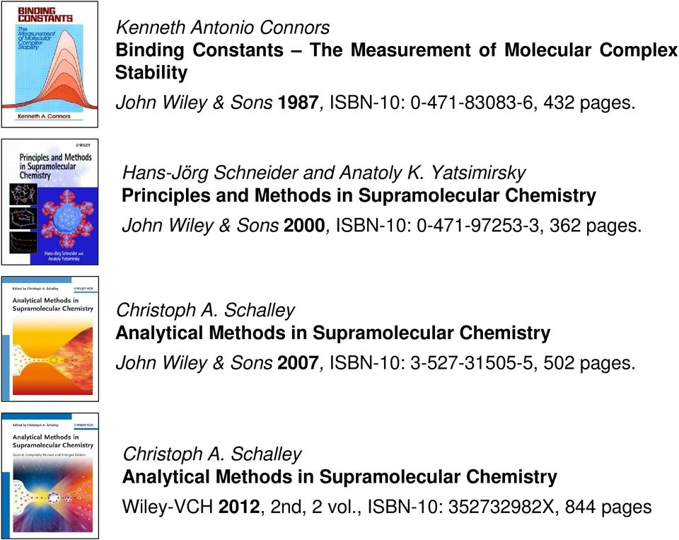 Yatsimirsky Principles and Methods in Supramolecular Chemistry John Wiley & Sons 2000, ISB-10: 0-471-97253-3, 362 pages. Christoph A.