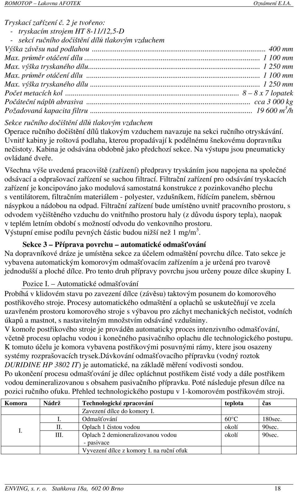 .. cca 3 000 kg Požadovaná kapacita filtru... 19 600 m 3 /h Sekce ručního dočištění dílů tlakovým vzduchem Operace ručního dočištění dílů tlakovým vzduchem navazuje na sekci ručního otryskávání.