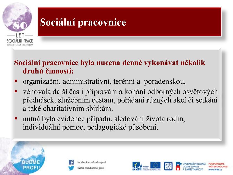 věnovala další čas i přípravám a konání odborných osvětových přednášek, služebním cestám,