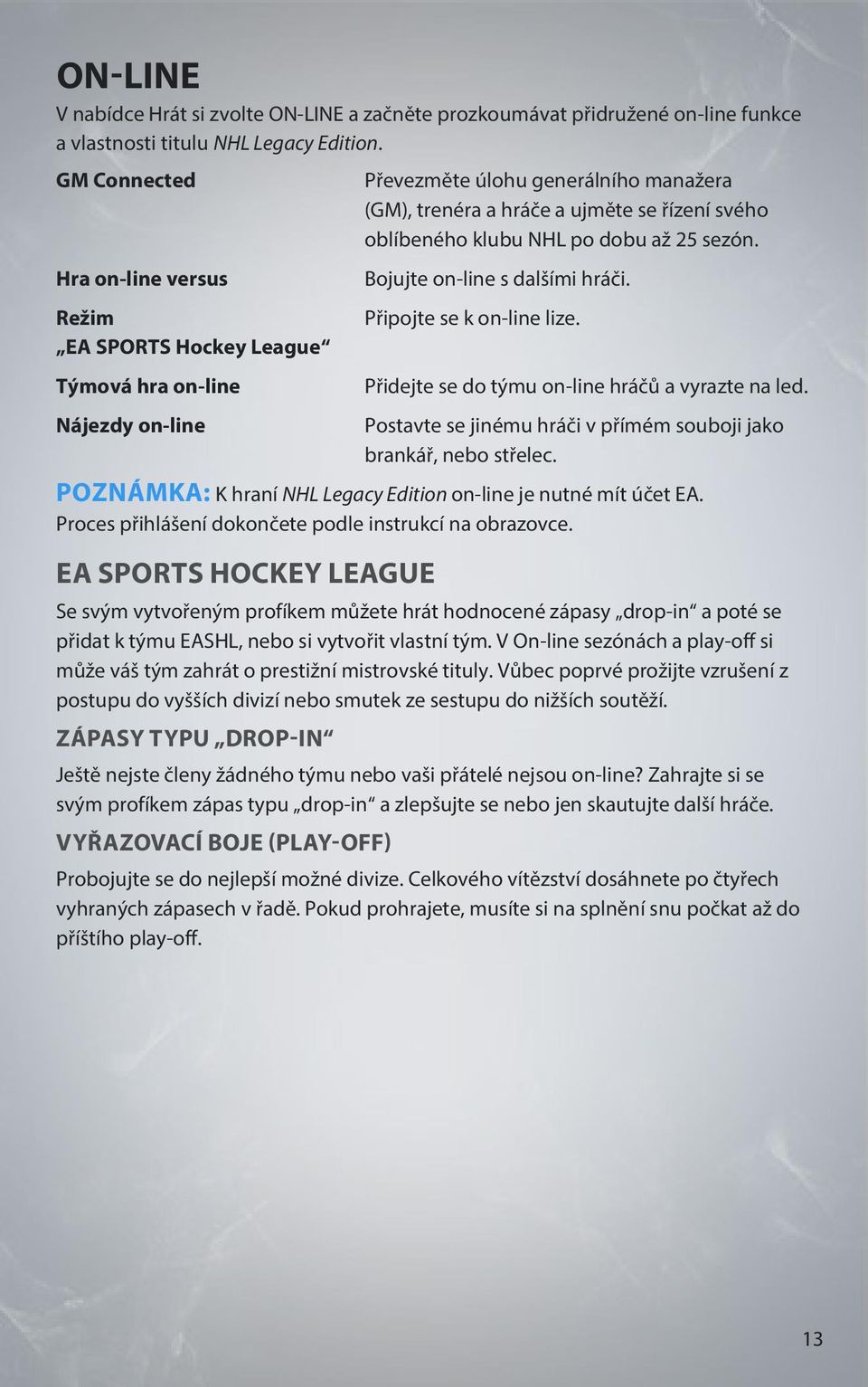 Hra on-line versus Režim EA SPORTS Hockey League Týmová hra on-line Nájezdy on-line Bojujte on-line s dalšími hráči. Připojte se k on-line lize. Přidejte se do týmu on-line hráčů a vyrazte na led.