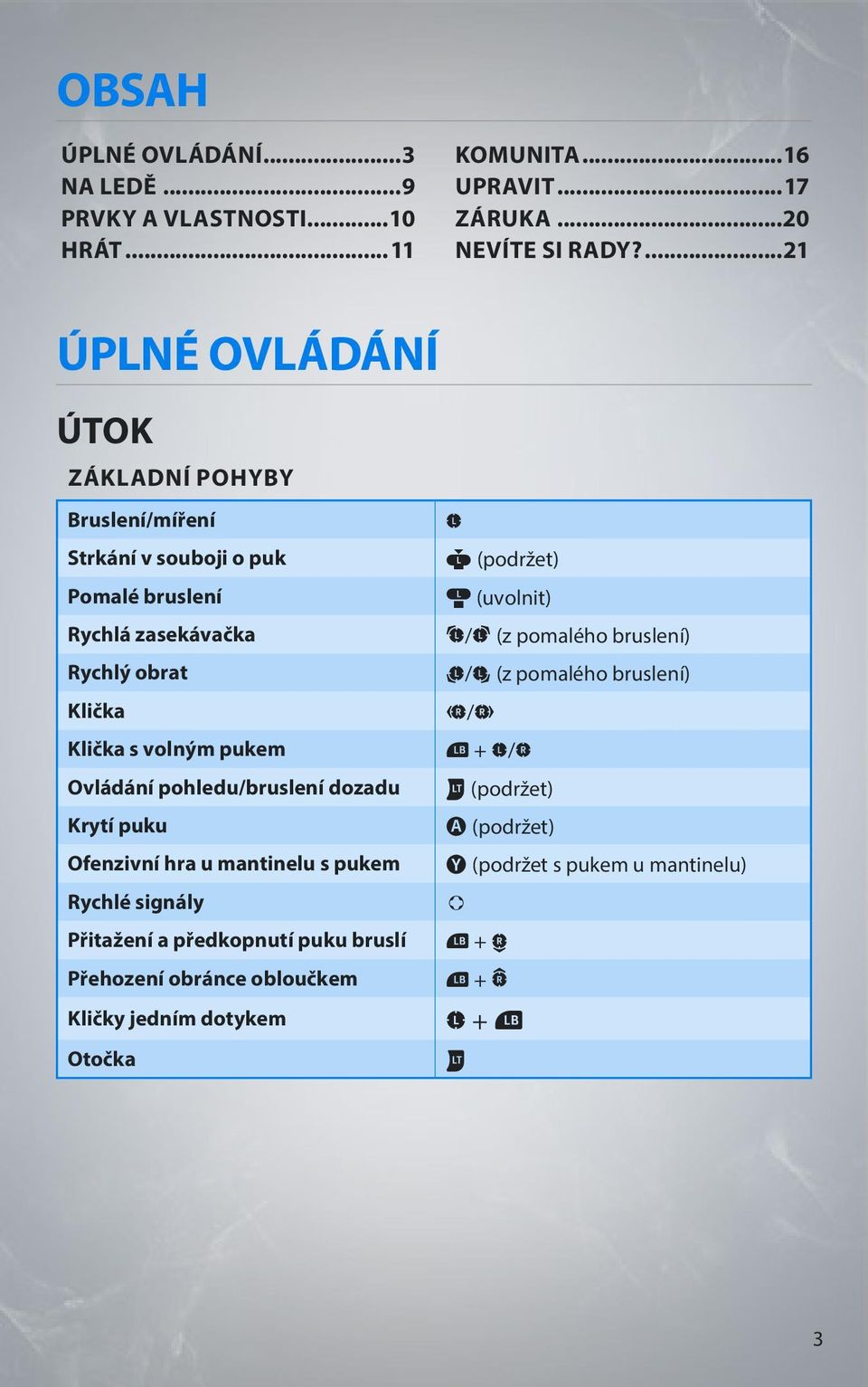 Ovládání pohledu/bruslení dozadu Krytí puku Ofenzivní hra u mantinelu s pukem Rychlé signály Přitažení a předkopnutí puku bruslí Přehození obránce obloučkem