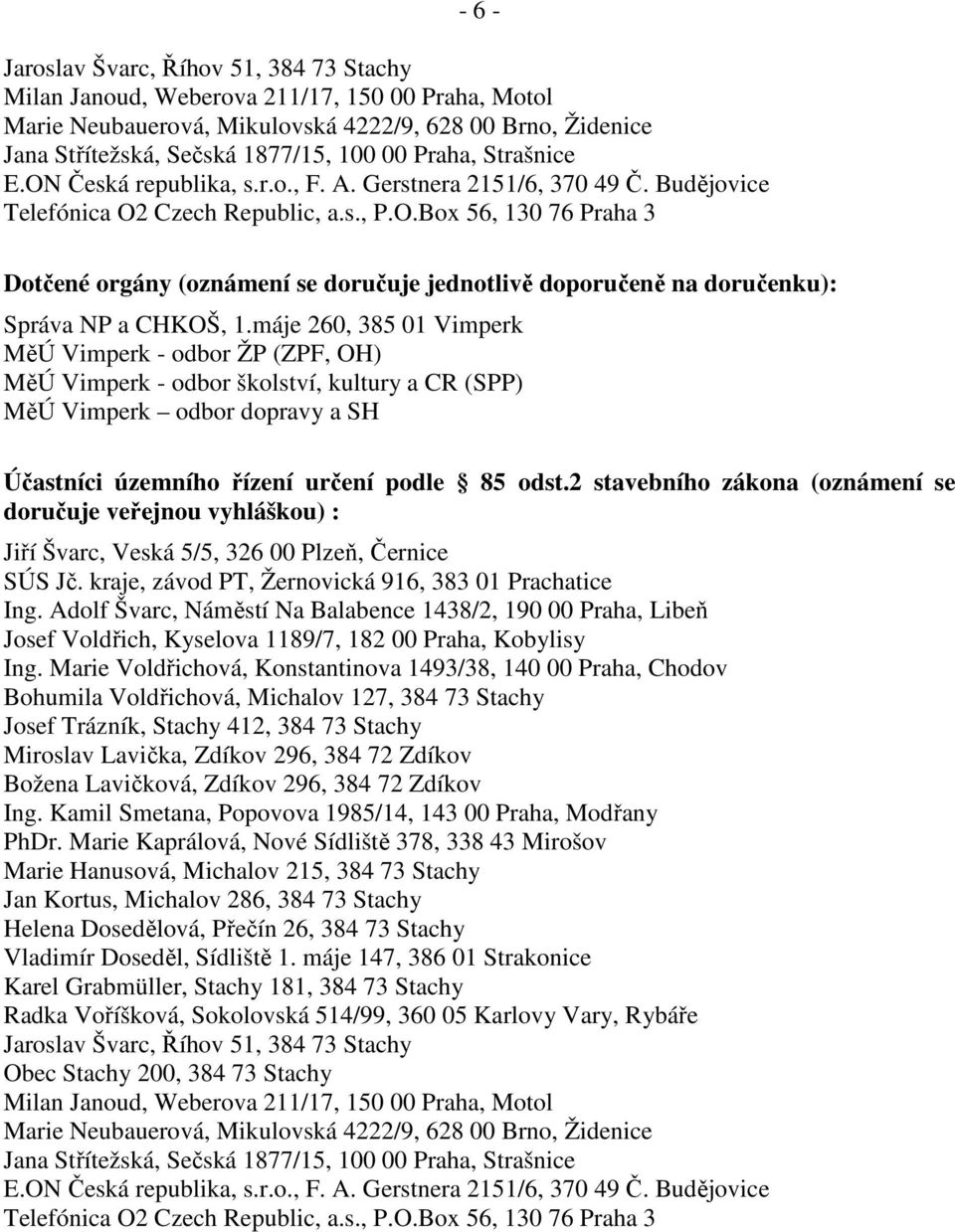 máje 260, 385 01 Vimperk MěÚ Vimperk - odbor ŽP (ZPF, OH) MěÚ Vimperk - odbor školství, kultury a CR (SPP) MěÚ Vimperk odbor dopravy a SH Účastníci územního řízení určení podle 85 odst.