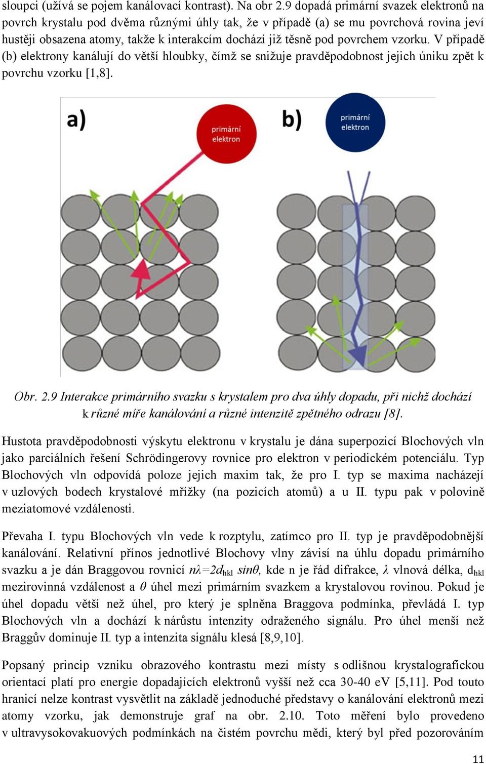 povrchem vzorku. V případě (b) elektrony kanálují do větší hloubky, čímž se snižuje pravděpodobnost jejich úniku zpět k povrchu vzorku [1,8]. Obr. 2.