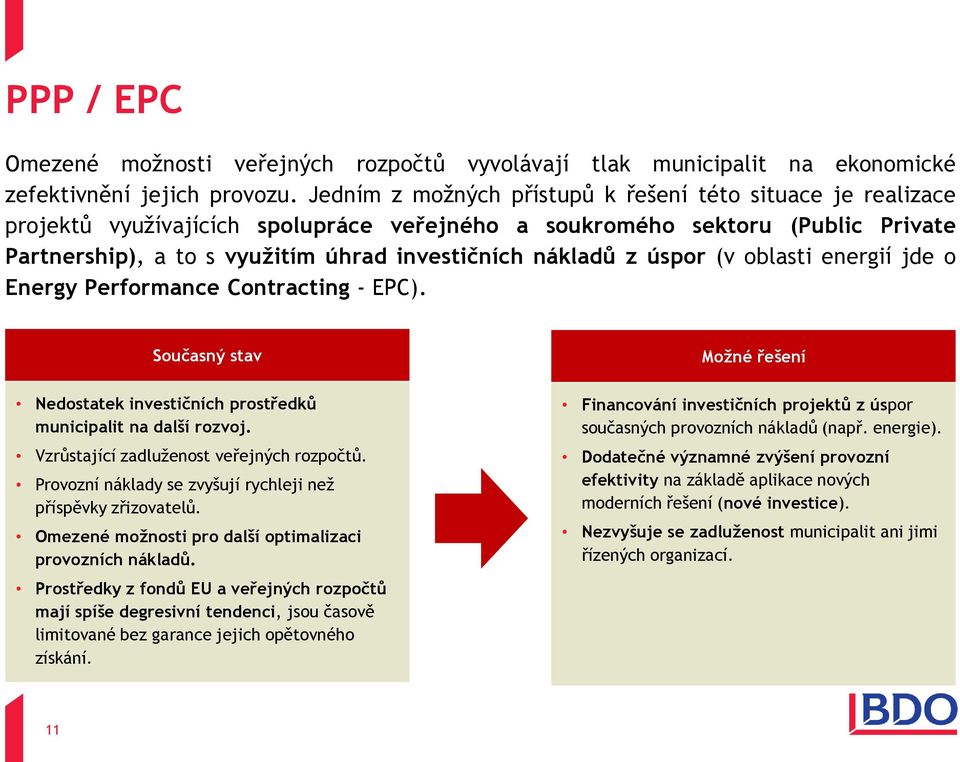 z úspor (v oblasti energií jde o Energy Performance Contracting - EPC). Současný stav Nedostatek investičních prostředků municipalit na další rozvoj. Vzrůstající zadluženost veřejných rozpočtů.