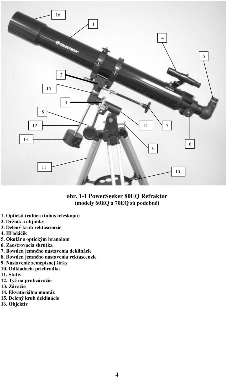 Bowden jemného nastavenia rektascenzie 9. Nastavenie zemepisnej šírky 10. Odkladacia priehradka 11. Stativ 12.