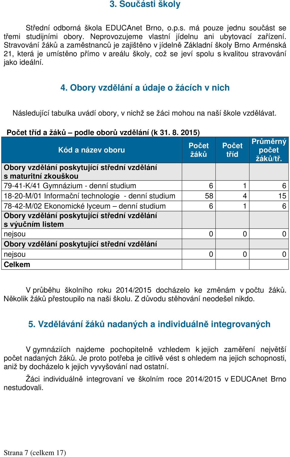 Obory vzdělání a údaje o žácích v nich Následující tabulka uvádí obory, v nichž se žáci mohou na naší škole vzdělávat. Počet tříd a žáků podle oborů vzdělání (k 31. 8.