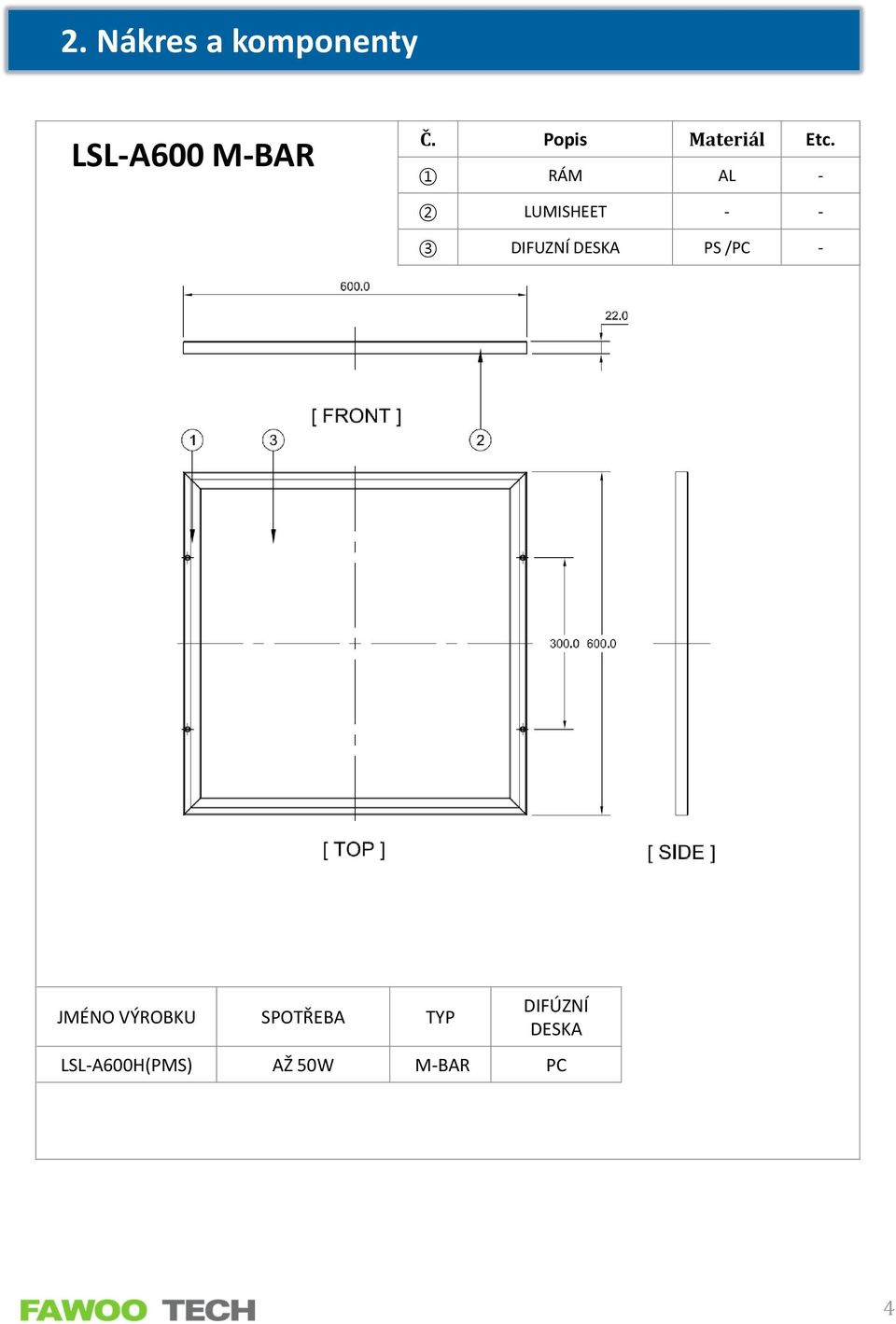 1 RÁM AL - 2 LUMISHEET - - 3 DIFUZNÍ DESKA PS