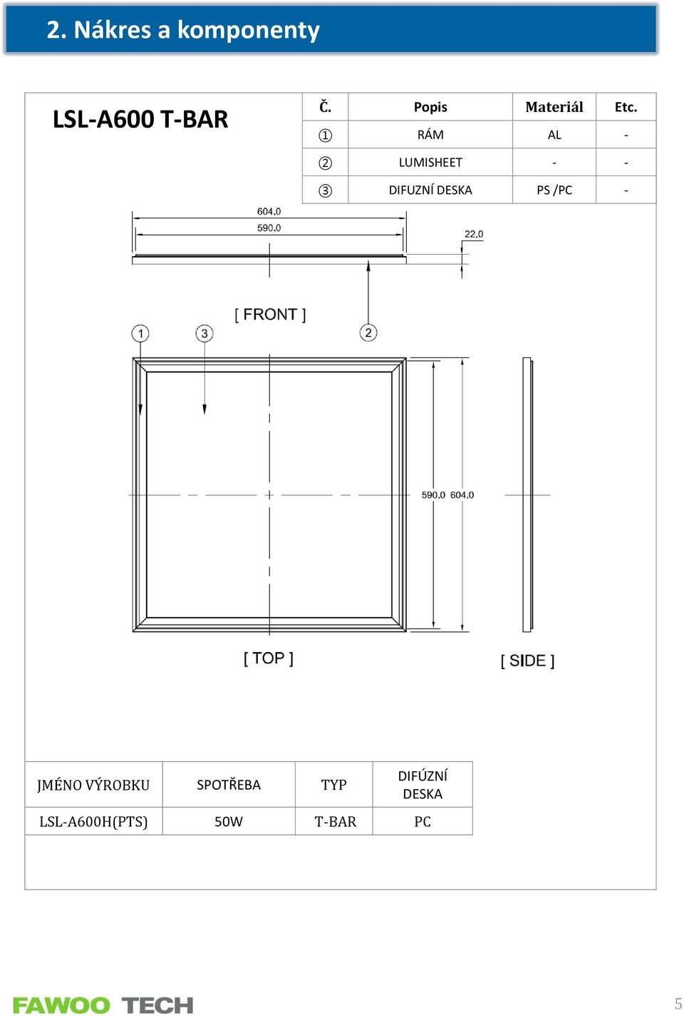 1 RÁM AL - 2 LUMISHEET - - 3 DIFUZNÍ DESKA PS