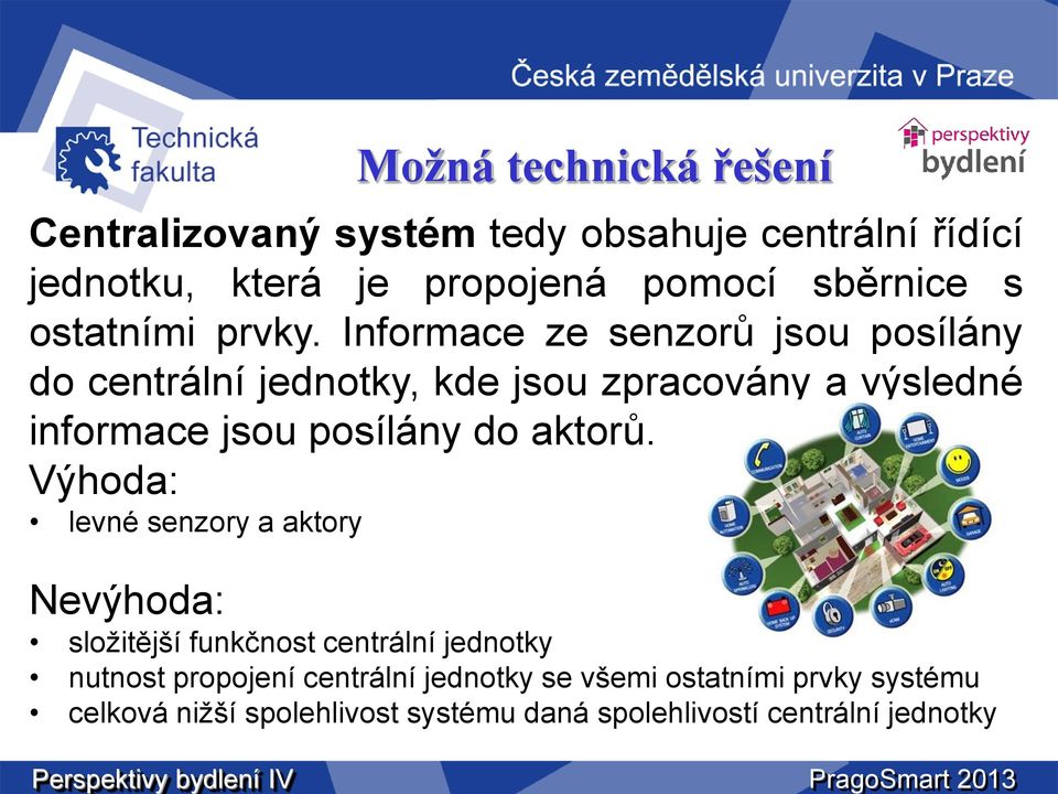 Informace ze senzorů jsou posílány do centrální jednotky, kde jsou zpracovány a výsledné informace jsou posílány do