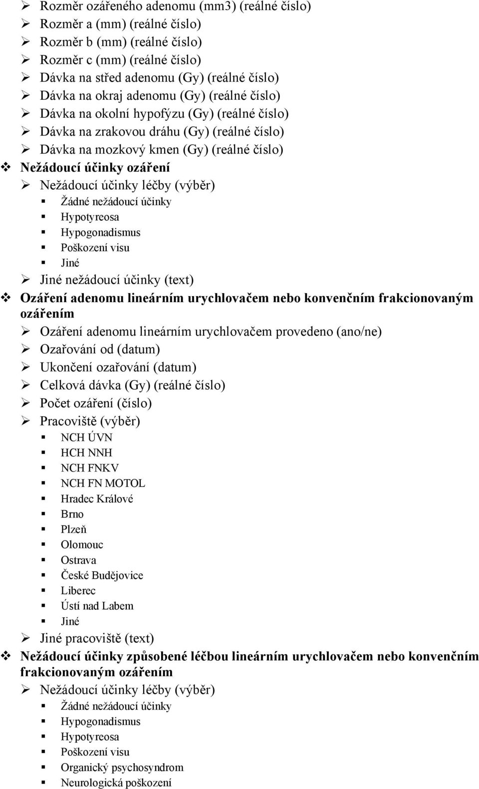 (výběr) Žádné nežádoucí účinky Hypotyreosa Hypogonadismus Poškození visu Jiné nežádoucí účinky (text) Ozáření adenomu lineárním urychlovačem nebo konvenčním frakcionovaným ozářením Ozáření adenomu