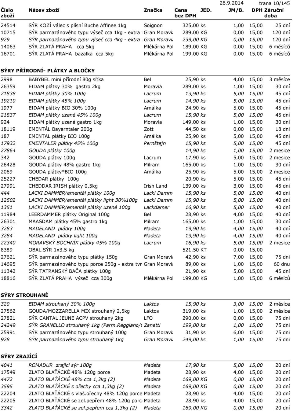 PŘÍRODNÍ- PLÁTKY A BLOČKY 2998 BABYBEL mini přírodní 80g síťka Bel 25,90 ks 4,00 26359 EIDAM plátky 30% gastro 2kg Moravia 289,00 ks 21838 EIDAM plátky 30% 100g Lacrum 13,90 ks 5,00 19210 EIDAM