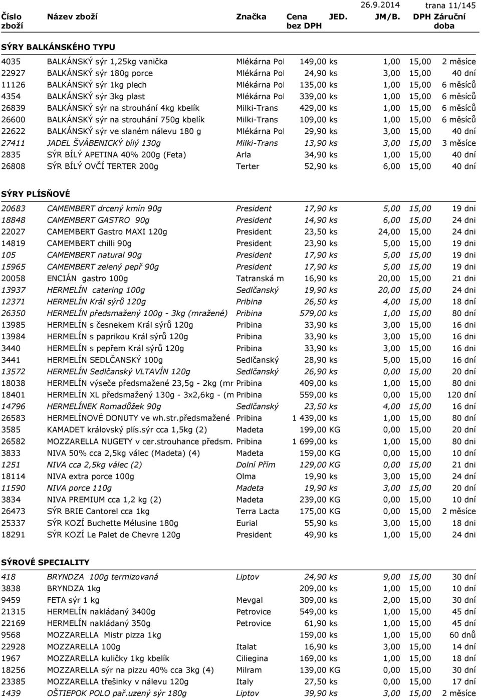 Milki-Trans 109,00 ks 22622 BALKÁNSKÝ sýr ve slaném nálevu 180 g Mlékárna Polná 29,90 ks 3,00 27411 JADEL ŠVÁBENICKÝ bílý 130g Milki-Trans 13,90 ks 3,00 2835 SÝR BÍLÝ APETINA 40% 200g (Feta) Arla