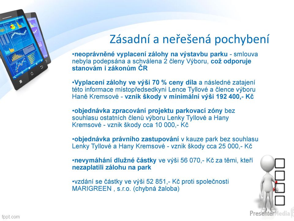 bez souhlasu ostatních členů výboru Lenky Tyllové a Hany Kremsové - vznik škody cca 10 000,- Kč objednávka právního zastupování v kauze park bez souhlasu Lenky Tyllové a Hany Kremsové - vznik