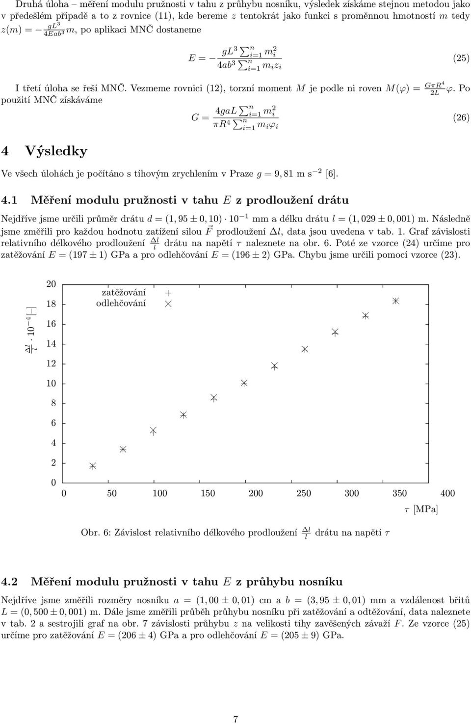 Po použití MNČ získáváme G = 4gaL n m i πr 4 n m (6) iϕ i 4 Výsedky Ve všech úohách je počítáno s tíhovým zrychením v Praze g = 9, 81 m s [6]. 4.1 Měření moduu pružnosti v tahu E z prodoužení drátu Nejdříve jsme určii průměr drátu d = (1, 95 ± 0, 10) 10 1 mm a déku drátu = (1, 09 ± 0, 001) m.