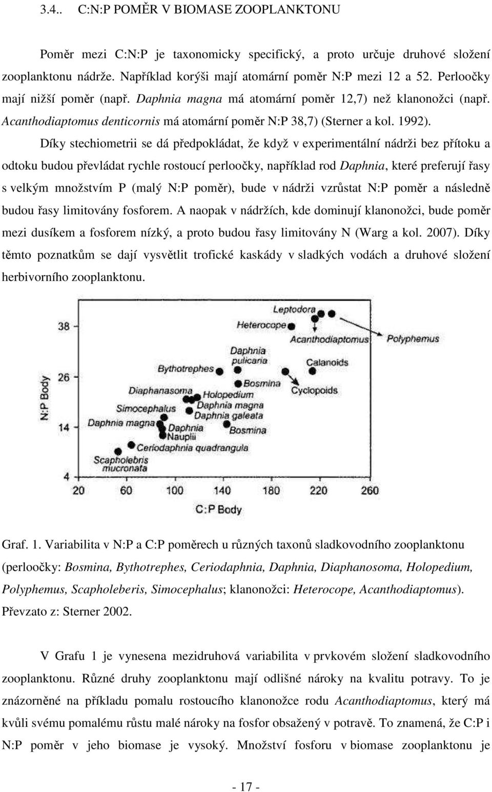 Díky stechiometrii se dá předpokládat, že když v experimentální nádrži bez přítoku a odtoku budou převládat rychle rostoucí perloočky, například rod Daphnia, které preferují řasy s velkým množstvím P