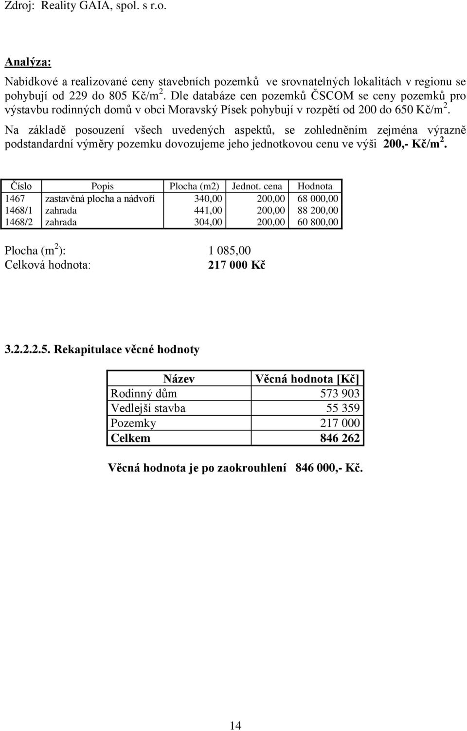 Na základě posouzení všech uvedených aspektů, se zohledněním zejména výrazně podstandardní výměry pozemku dovozujeme jeho jednotkovou cenu ve výši 200,- Kč/m 2. Číslo Popis Plocha (m2) Jednot.