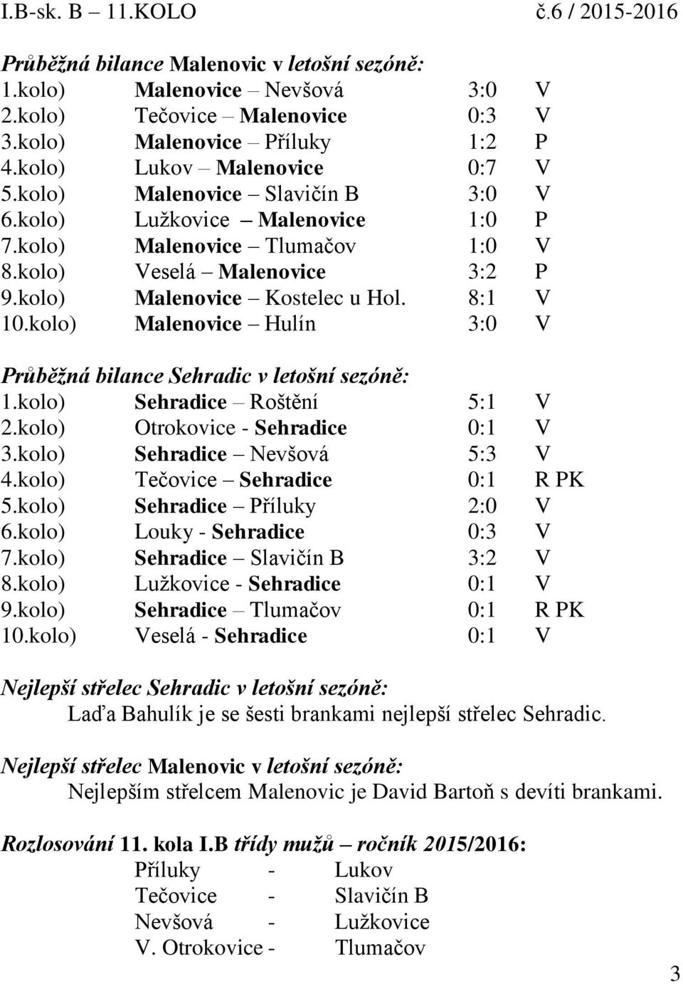 kolo) Malenovice Hulín 3:0 V Průběžná bilance Sehradic v letošní sezóně: 1.kolo) Sehradice Roštění 5:1 V 2.kolo) Otrokovice - Sehradice 0:1 V 3.kolo) Sehradice Nevšová 5:3 V 4.