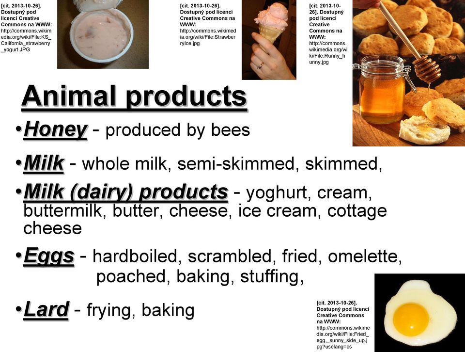 jpg Animal products Honey - produced by bees Milk - whole milk, semi-skimmed, skimmed, Milk (dairy) products - yoghurt, cream, buttermilk, butter, cheese, ice