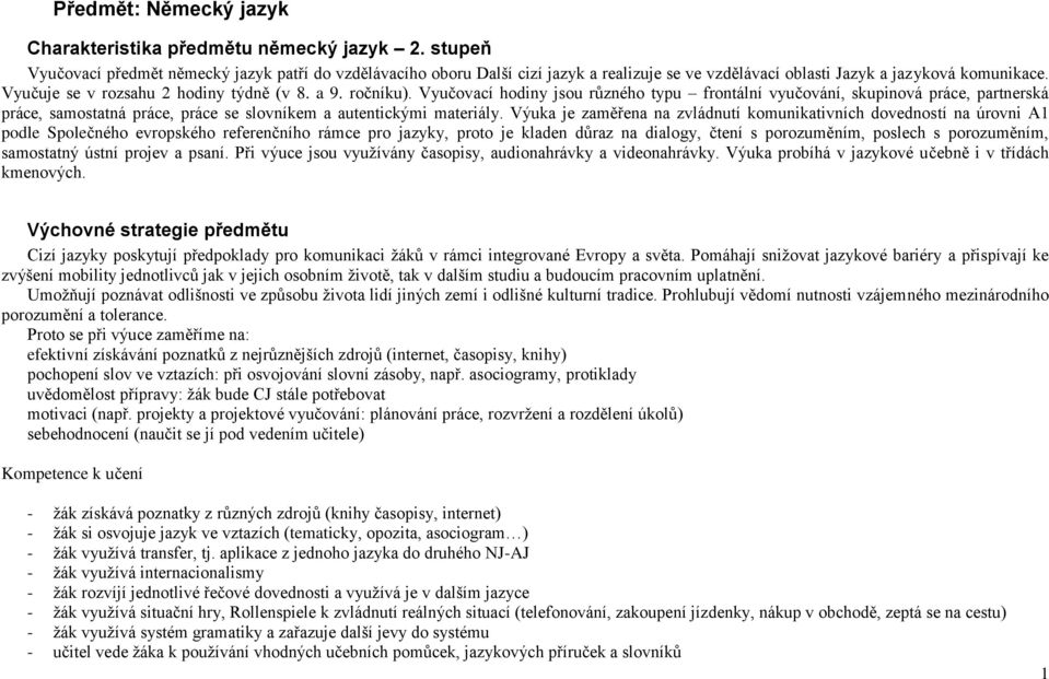 ročníku). Vyučovací hodiny jsou různého typu frontální vyučování, skupinová práce, partnerská práce, samostatná práce, práce se slovníkem a autentickými materiály.