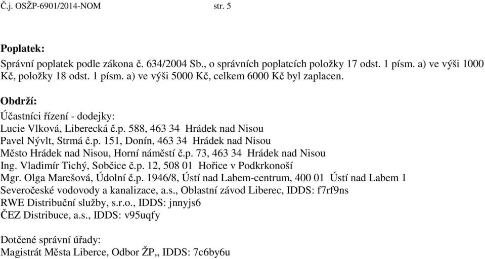 Vladimír Tichý, Sobčice č.p. 12, 508 01 Hořice v Podkrkonoší Mgr. Olga Marešová, Údolní č.p. 1946/8, Ústí nad Labem-centrum, 400 01 Ústí nad Labem 1 Severočeské vodovody a kanalizace, a.s., Oblastní závod Liberec, IDDS: f7rf9ns RWE Distribuční služby, s.