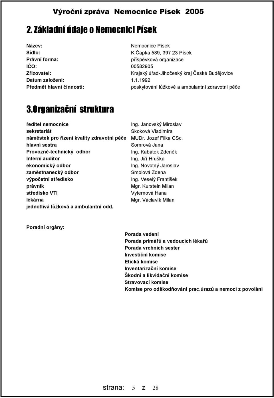 1.1992 Předmět hlavní činnosti: poskytování lůţkové a ambulantní zdravotní péče 3.Organizační struktura ředitel nemocnice Ing.