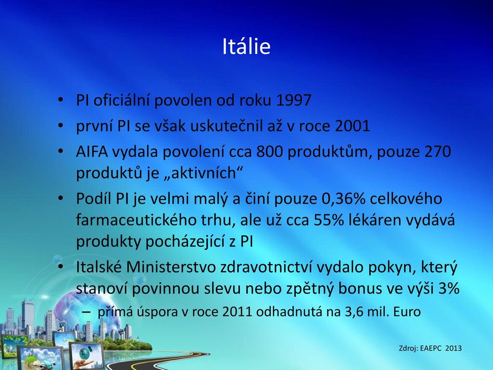 trhu, ale už cca 55% lékáren vydává produkty pocházející z PI Italské Ministerstvo zdravotnictví vydalo pokyn,