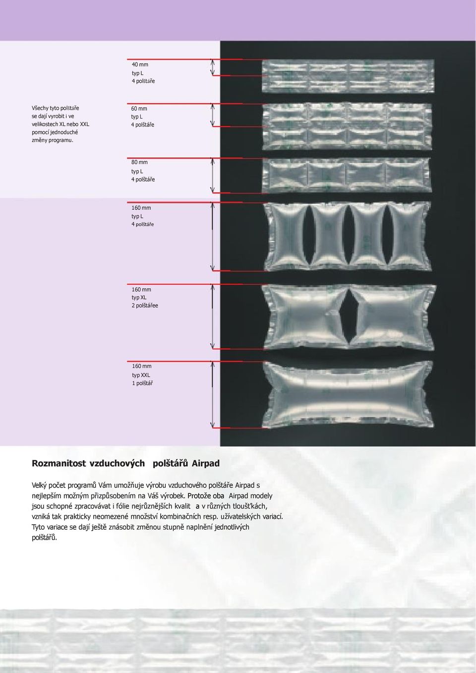 počet programů Vám umožňuje výrobu vzduchového polštáře Airpad s nejlepším možným přizpůsobením na Váš výrobek.