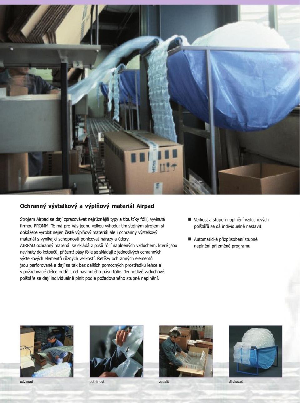 AIRPAD ochranný materiál se skládá z pásů fólií naplněných vzduchem, které jsou navinuty do kotoučů, přičemž pásy fólie se skládají z jednotlivých ochranných výstelkových elementů různých velikostí.