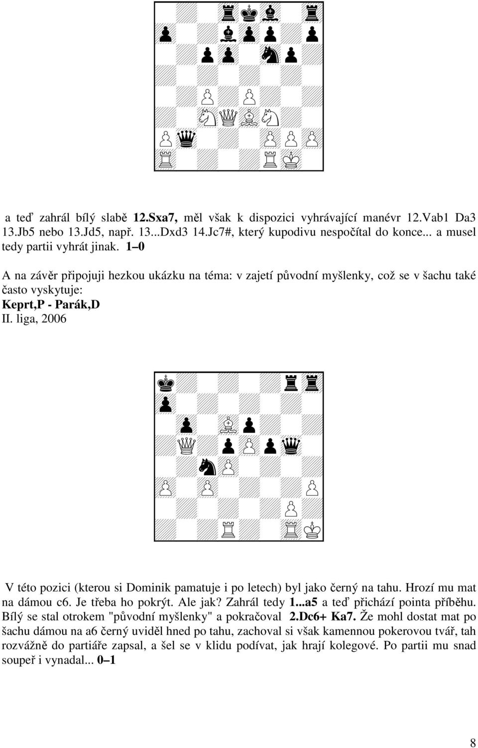 liga, 2006 + + + + + + + + +Q+ + + + + + + + + + + + + V této pozici (kterou si Dominik pamatuje i po letech) byl jako černý na tahu. Hrozí mu mat na dámou c6. Je třeba ho pokrýt. Ale jak?