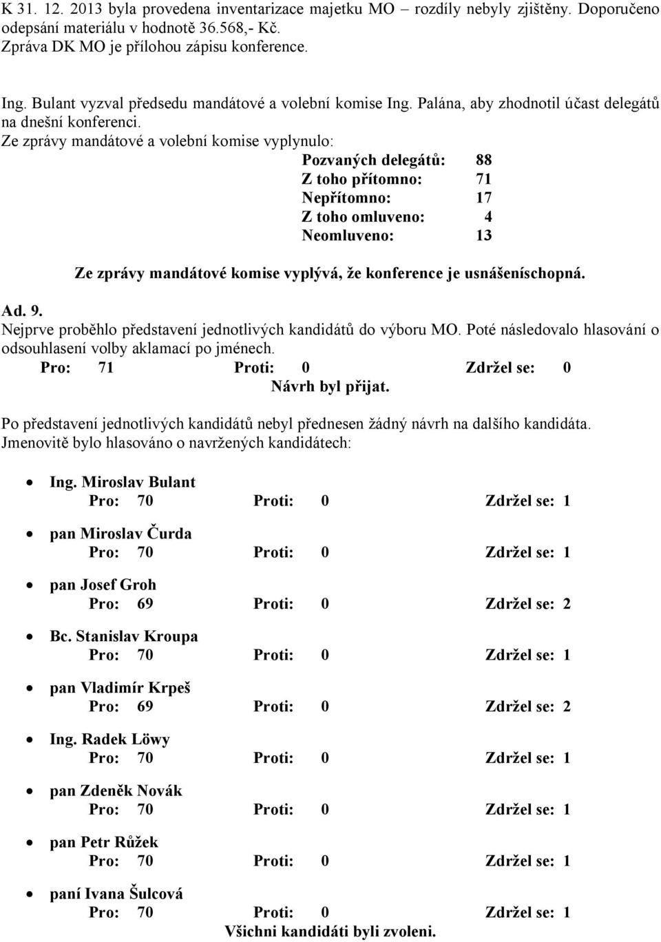 Ze zprávy mandátové a volební komise vyplynulo: Pozvaných delegátů: 88 Z toho přítomno: 71 Nepřítomno: 17 Z toho omluveno: 4 Neomluveno: 13 Ze zprávy mandátové komise vyplývá, že konference je