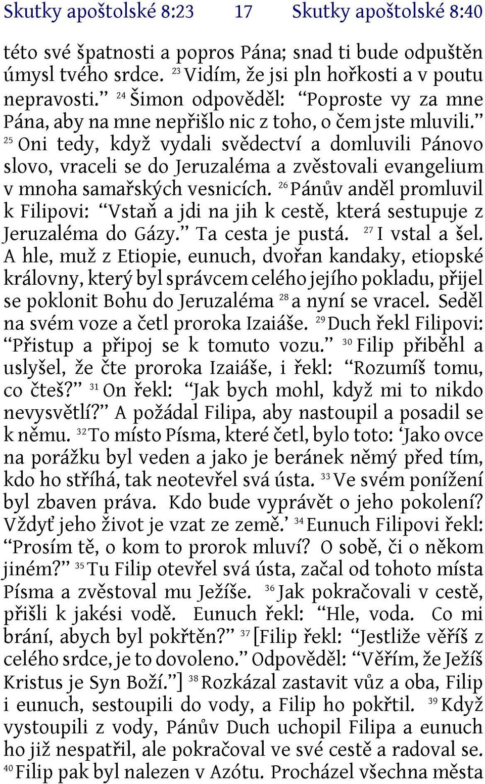 25 Oni tedy, když vydali svědectví a domluvili Pánovo slovo, vraceli se do Jeruzaléma a zvěstovali evangelium v mnoha samařských vesnicích.