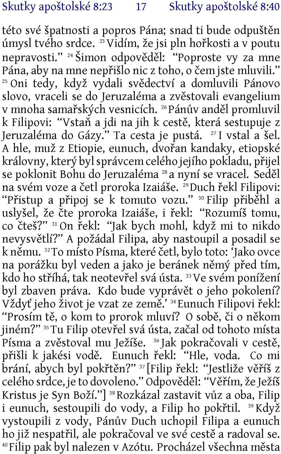 25 Oni tedy, když vydali svědectví a domluvili Pánovo slovo, vraceli se do Jeruzaléma a zvěstovali evangelium v mnoha samařských vesnicích.