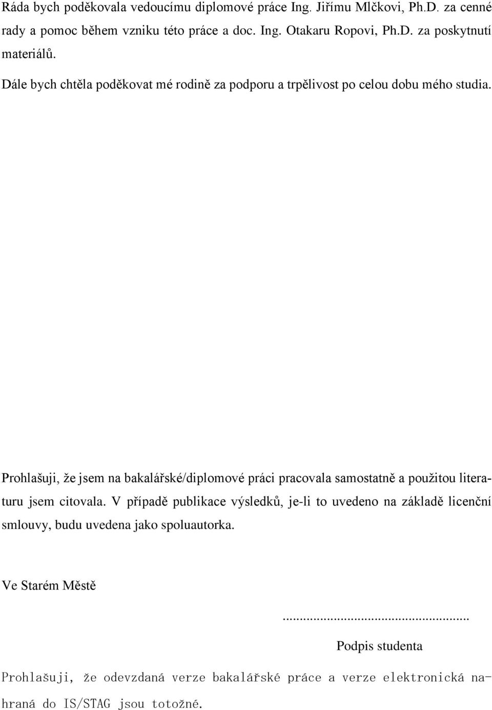 Prohlašuji, že jsem na bakalářské/diplomové práci pracovala samostatně a použitou literaturu jsem citovala.