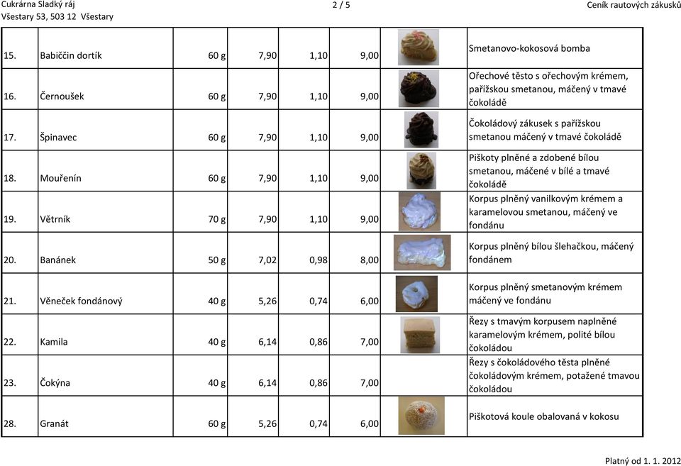 Granát 60 g 5,26 0,74 6,00 Smetanovo-kokosová bomba Ořechové těsto s ořechovým krémem, pařížskou smetanou, máčený v tmavé Čokoládový zákusek s pařížskou smetanou máčený v tmavé Piškoty plněné a
