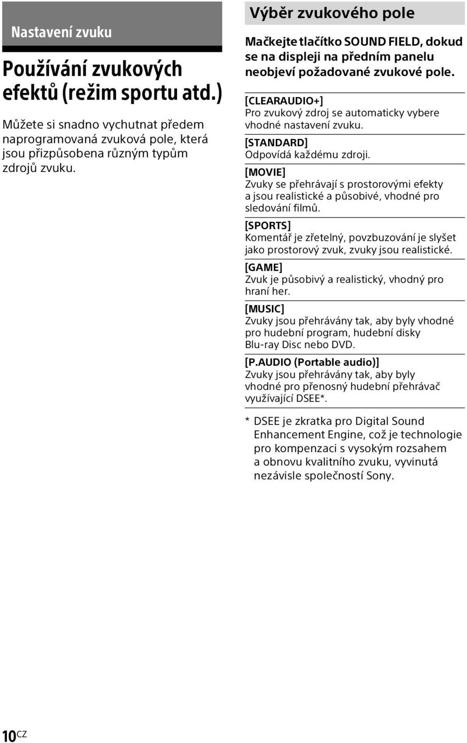 [CLEARAUDIO+] Pro zvukový zdroj se automaticky vybere vhodné nastavení zvuku. [STANDARD] Odpovídá každému zdroji.