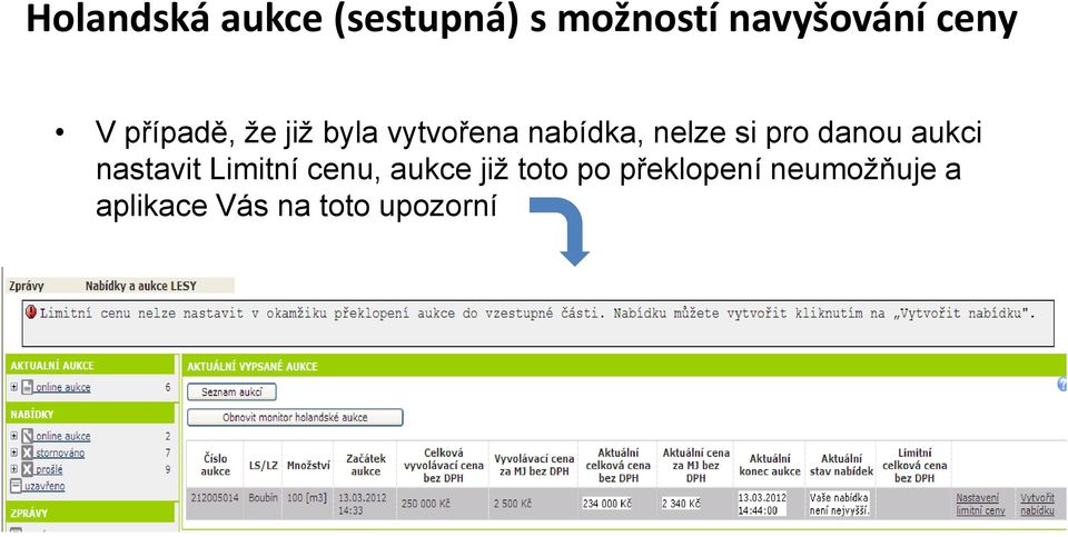 pro danou aukci nastavit Limitní cenu, aukce již toto