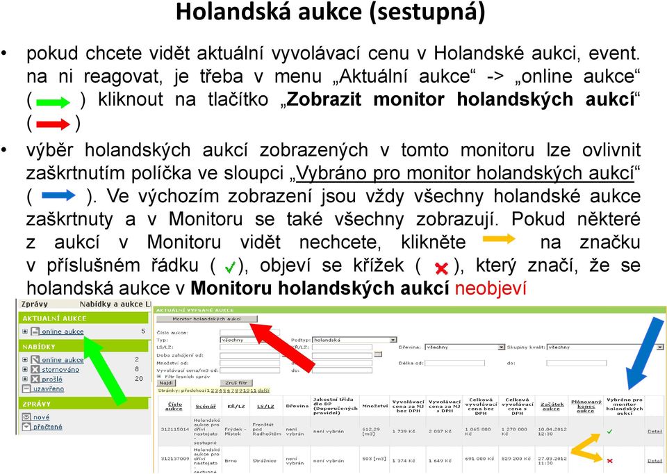 tomto monitoru lze ovlivnit zaškrtnutím políčka ve sloupci Vybráno pro monitor holandských aukcí ( ).