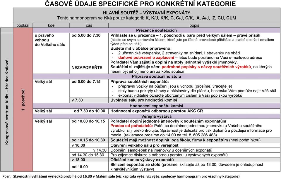 Prezence soutěžících u pravého od 5.00 do 7.30 Přihlaste se u prezence 1.