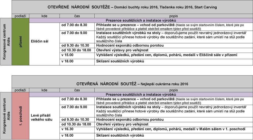 00 Instalace soutěžních výrobků na stoly doporučujeme použít nevratný jednorázový inventář Každý soutěžící přinese hotové výrobky dle soutěžního zadání, které sám umístí na stůl podle Eliščin sál