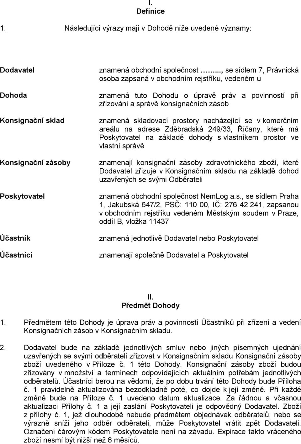 nacházející se v komerčním areálu na adrese Zděbradská 249/33, Říčany, které má Poskytovatel na základě dohody s vlastníkem prostor ve vlastní správě znamenají konsignační zásoby zdravotnického