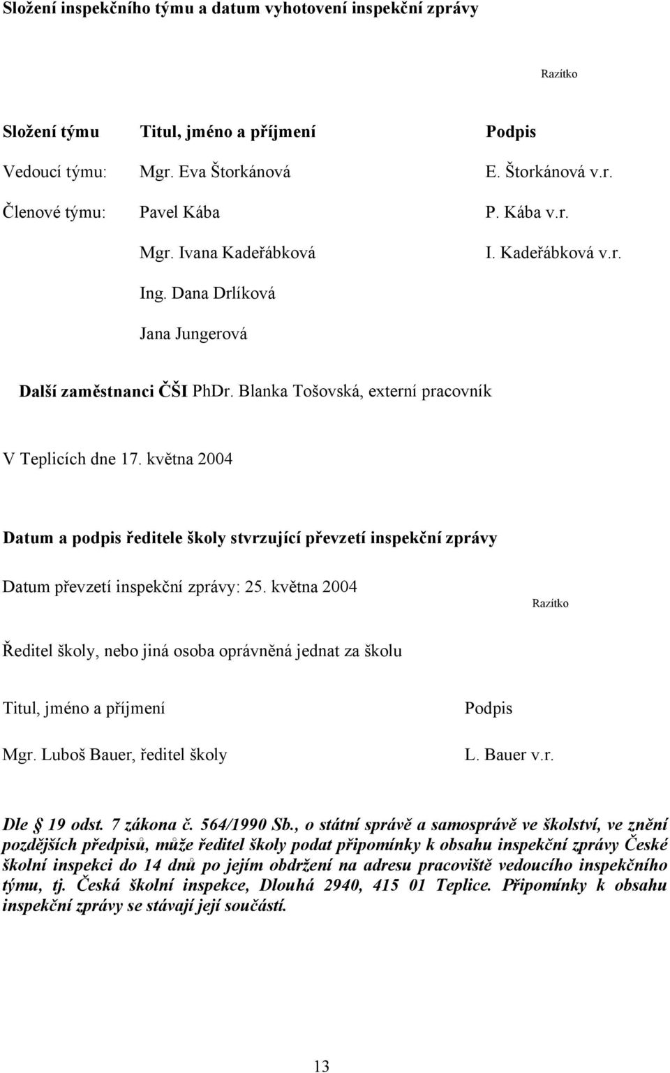 května 2004 Datum a podpis ředitele školy stvrzující převzetí inspekční zprávy Datum převzetí inspekční zprávy: 25.