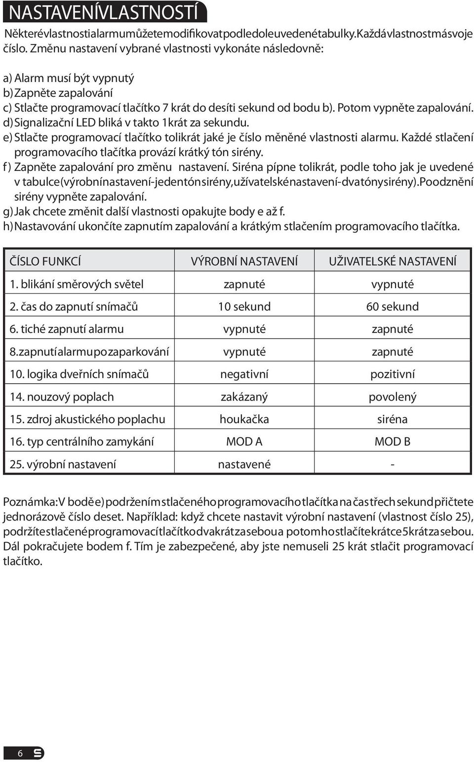 d) Signalizační LED bliká v takto 1krát za sekundu. e) Stlačte programovací tlačítko tolikrát jaké je číslo měněné vlastnosti alarmu. Každé stlačení programovacího tlačítka provází krátký tón sirény.