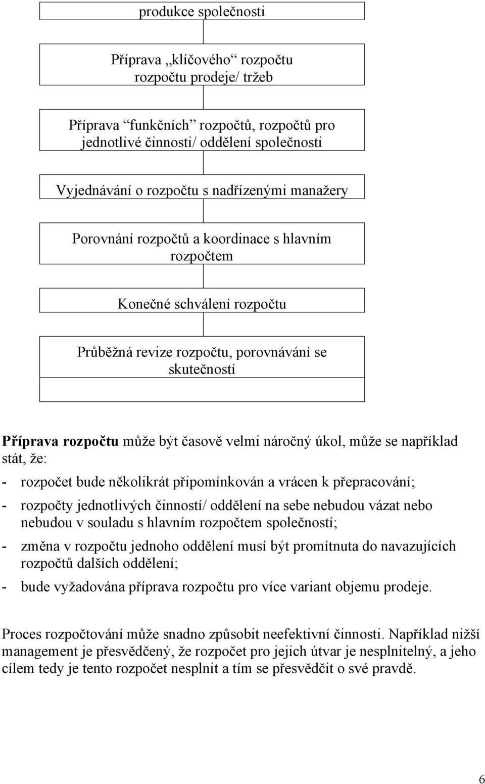 se například stát, že: - rozpočet bude několikrát připomínkován a vrácen k přepracování; - rozpočty jednotlivých činností/ oddělení na sebe nebudou vázat nebo nebudou v souladu s hlavním rozpočtem