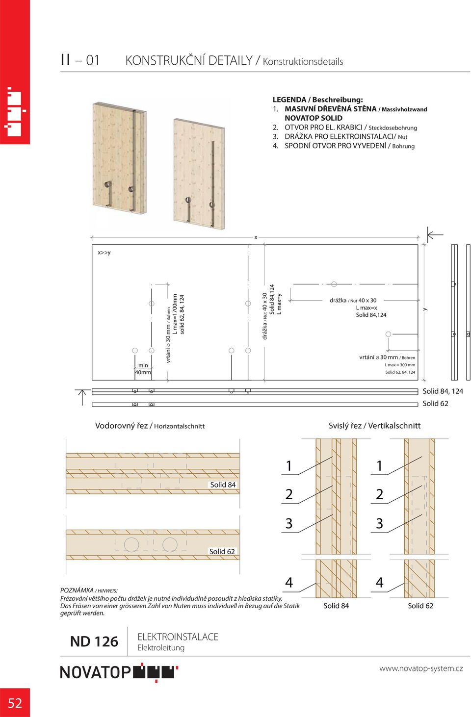 SPODNÍ OTVOR PRO VYVEDENÍ / Bohrung x x>>y min 0mm vrtání ø průměr 0 mm 0mm / Bohren L max=700mm solid, 8, drážka drážka / Nut 0x0 x 0 Solid 8, L max=y drážka drážka / Nut 0x0 x 0 L max=x Solid 8,