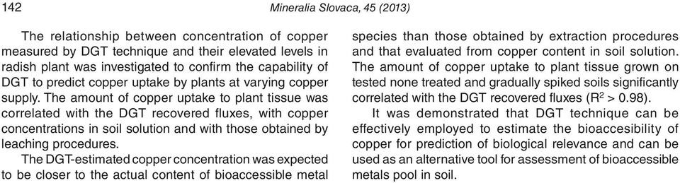 The amount of copper uptake to plant tissue was correlated with the DGT recovered fluxes, with copper concentrations in soil solution and with those obtained by leaching procedures.