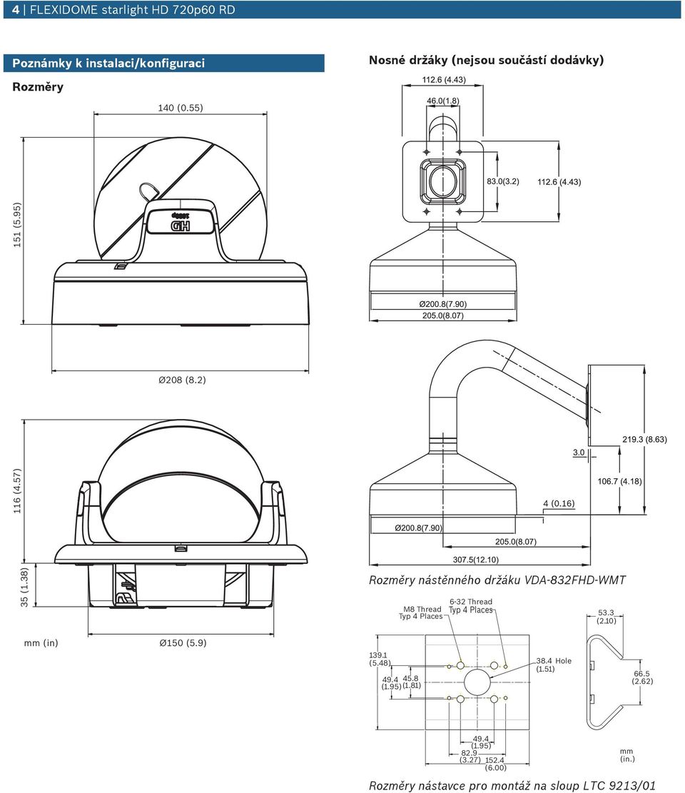 38) Rozměry nástěnného držáku VDA-832FHD-WMT M8 Thread Typ 4 Places 6-32 Thread Typ 4 Places 53.3 (2.